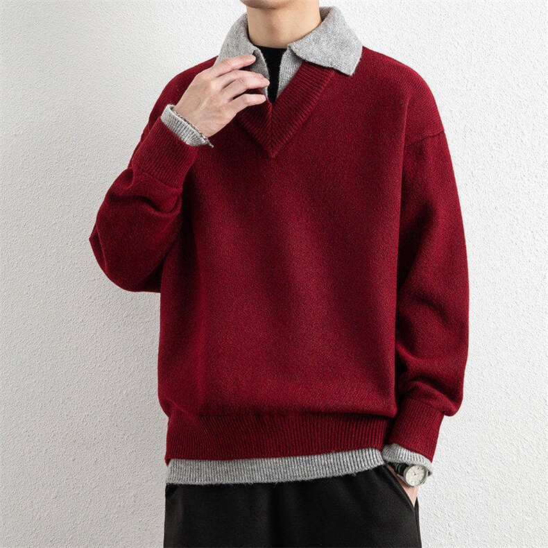 25673-P75重磅加厚翻领毛衣外套男针织衫假两件翻领宽松打底衫,男装T恤,电商D310B