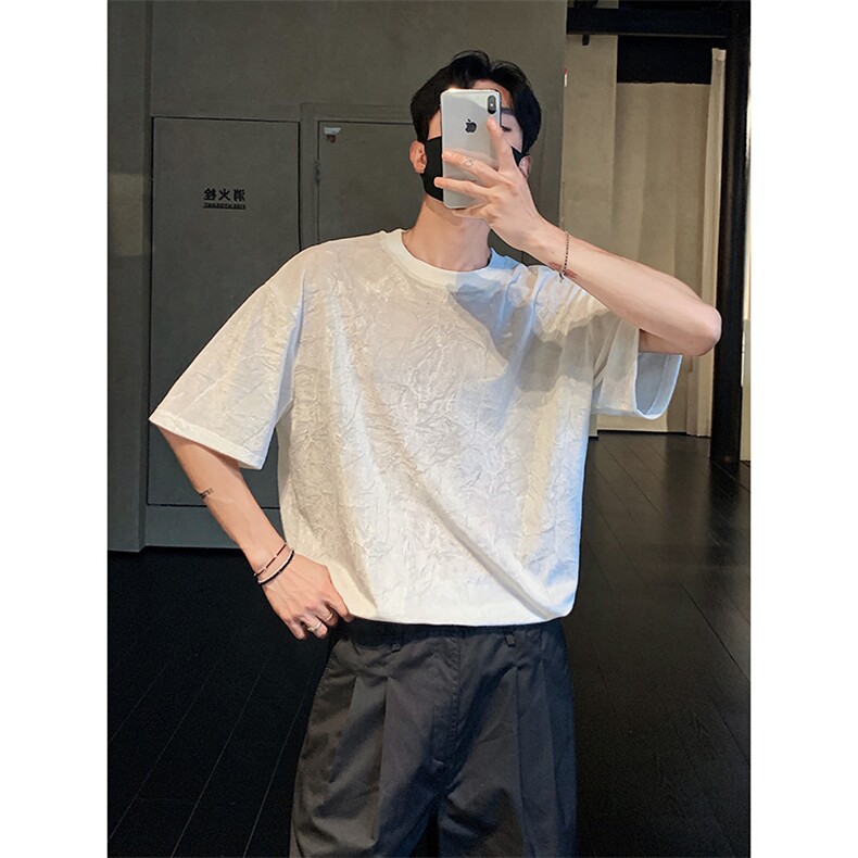 宽松oldschool简约圆领上衣复古肌理褶皱短袖T恤HY752TP30控48图片