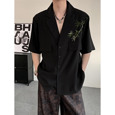 夏装2025风新中式冰丝假口袋翠竹刺绣男女小众休闲短袖衬衫，男装衬衫，星座909