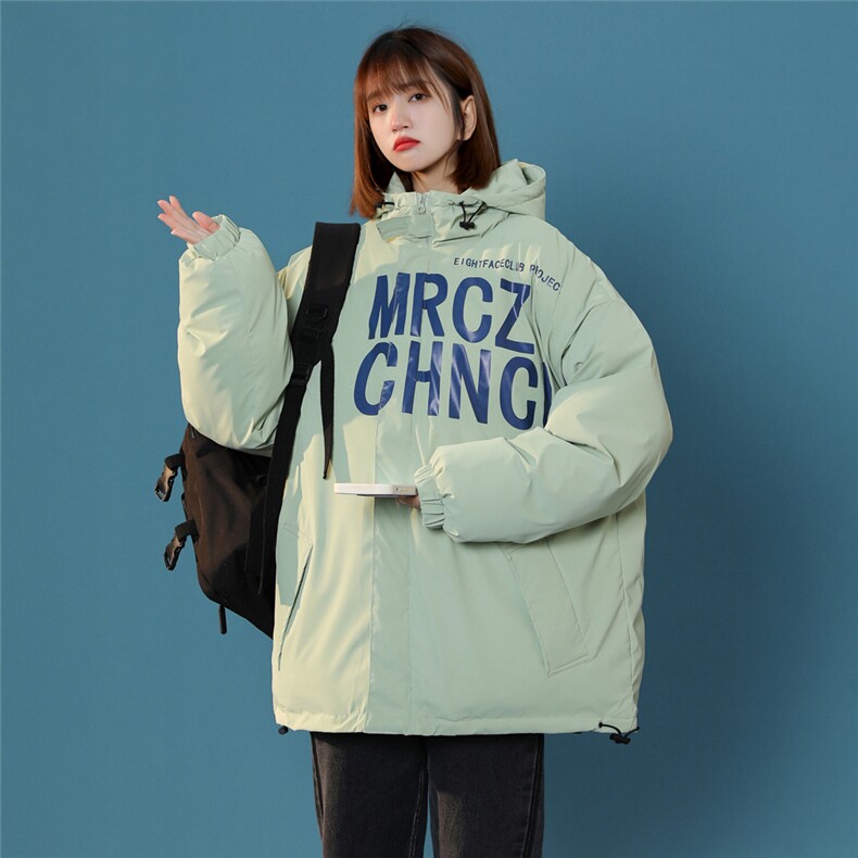 MY055-P138 大面积印花反光印花中性豆绿色棉服棉衣女控158图片