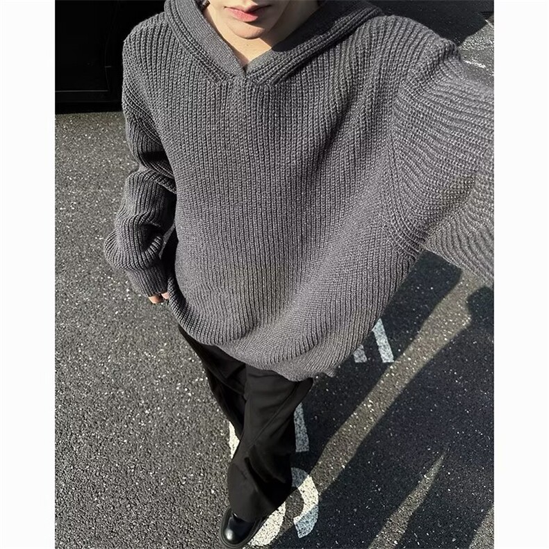 秋季新品灰色连帽毛衣男生宽松慵懒风针织衫痞帅简约外套,男装针织衫/毛衣,星座506A