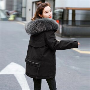 棉衣/棉服2021新款冬兔毛中长款工装带帽棉服女外套配毛领图片