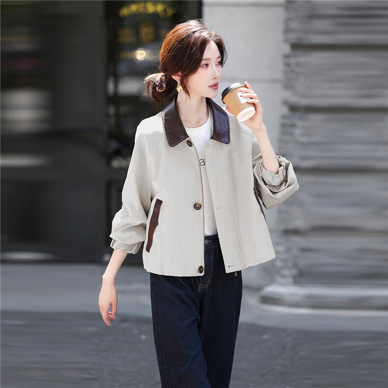 撞色短款风衣外套女2025年秋季新款韩版休闲长袖宽松风衣外套,女装风衣,鑫源服饰