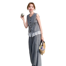 现货马夹蕾丝拼接+阔腿裤套装1C045PH525P165K238，女装套装/套裙，红龙果