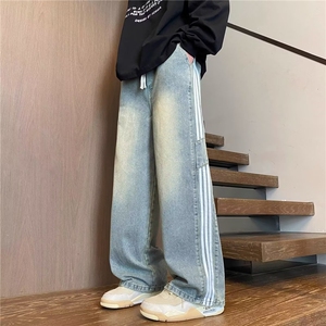 春秋新款男美式高街潮流风抽绳设计松紧腰条纹牛仔裤NA918-P45图片