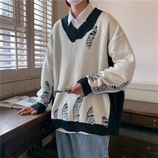 秋季潮牌高街情侣乞丐破烂针织衫百搭拼色破洞毛衣男M624-P40，男装针织衫/毛衣，星座512-2