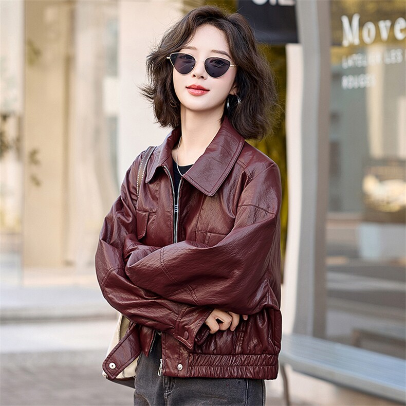 流行风格翻领皮衣外套女2025秋季复古高级感宽松百搭气质机车夹克,女装皮衣,美沁