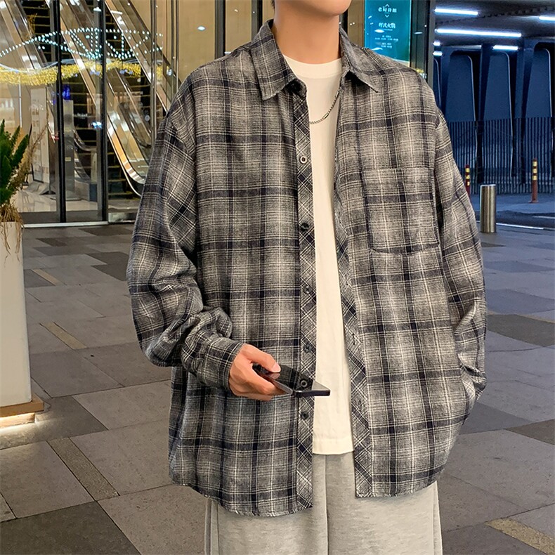 控价59港风格子衬衫宽松外套男女衬衣百搭格子外套CS2418P35,男装衬衫,电商A128