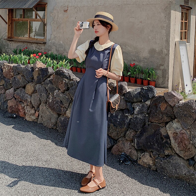 23夏新品娃娃领假两件复古拼色长连衣裙2C075-128-P115控168,女装连衣裙,菡迪欧娜