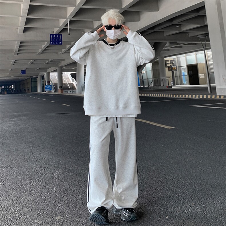 抖音得物高品质重磅全棉二开支持退换360克宽松织带运动卫衣套装,男装卫衣,电商A486
