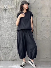 两件套装2025时尚夏季新款高级短袖上衣阔腿裤休闲，女装套装/套裙，湘姗