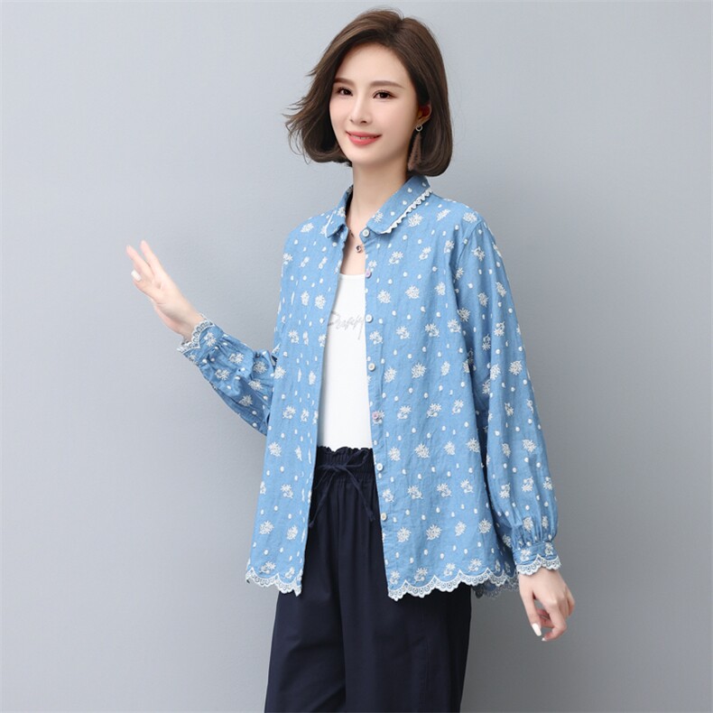 碎花衬衫女秋装2022新款韩版气质单排扣刺绣时尚宽松衬衣潮,女装大码女装,奕阳依阁