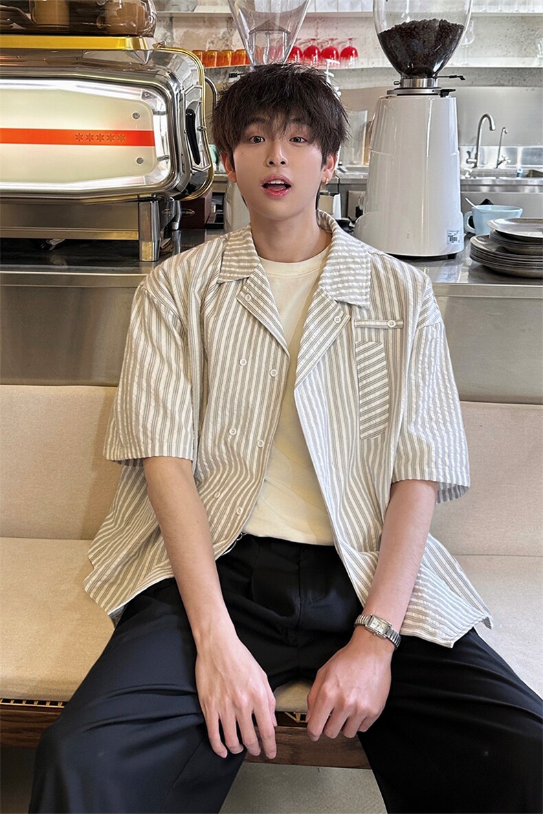 春夏英伦学院风青春男大竖条纹短袖衬衫翻领外套口袋设计短袖P40,男装衬衫,电商B319