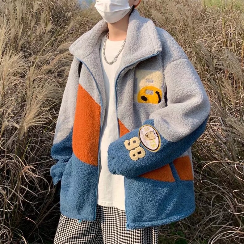 港风宽松潮流秋冬季加厚羊羔绒外套男拼色棉袄棉服W2370-P52,男装棉衣,星座512-2
