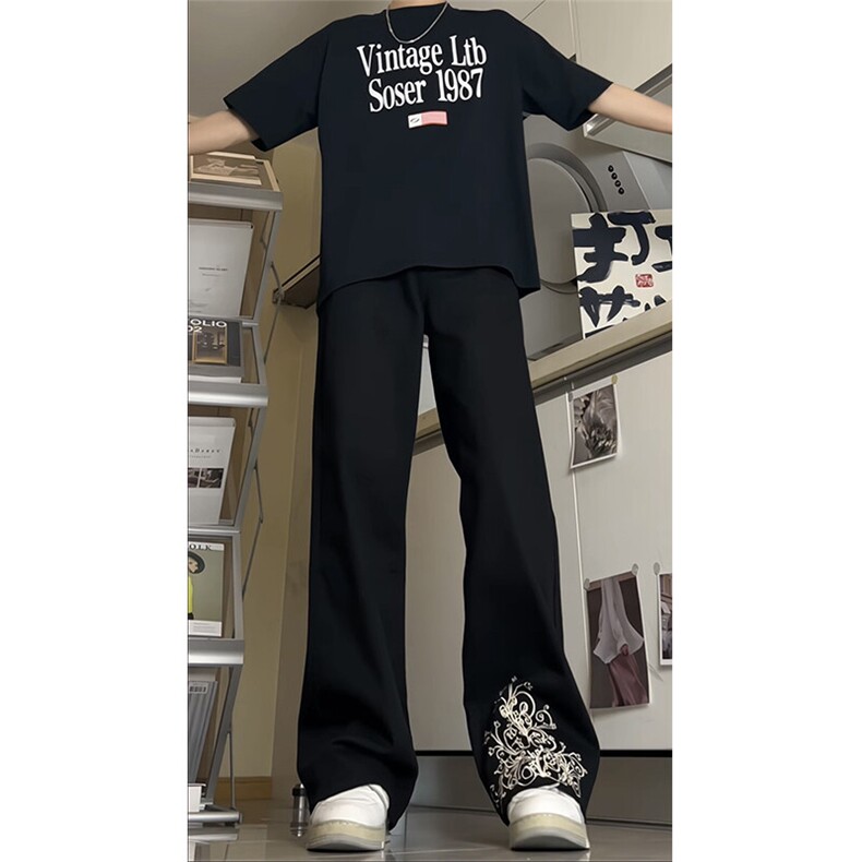 24年新款美式黑色牛仔裤设计感刺绣宽松休闲直筒XZ1002-K7750-P60,男装牛仔裤,星座908
