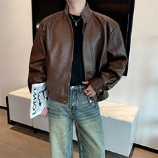 秋冬新款美拉德皮衣外套男宽松立领痞帅高级机车PU皮夹克2356P125，男装夹克，电商B267
