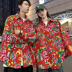 C203情侣大花长袖衬衫男女休闲衬衣新中式汉服团队服表演出宽松潮，男装衬衫，星座115A(原星座507）