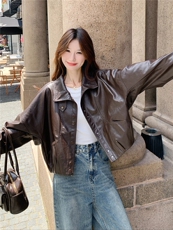 时髦复古时尚休闲皮衣外套女2025年秋季新款韩系宽松气质显瘦夹克，女装皮衣，蝶眷