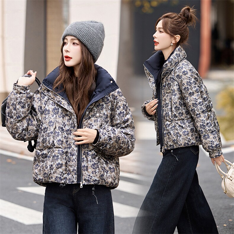 短款羽绒服女2024冬季新款小个子高端洋气设计感欧货碎花厚面包服,女装羽绒服,艾尚靓装