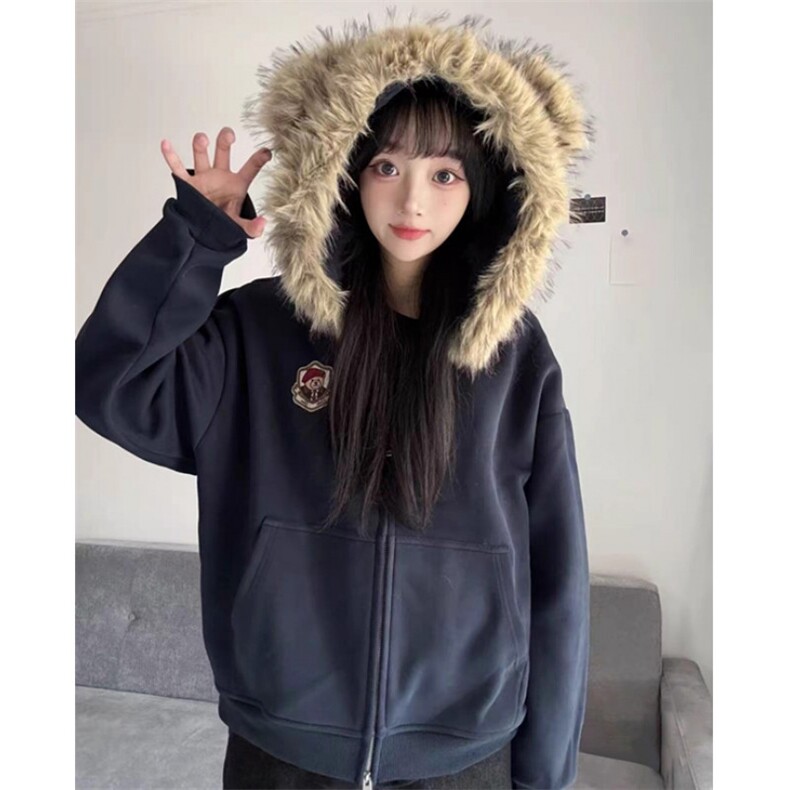 可爱小熊耳朵毛领开衫外套女秋冬新款设计感拉链外套W88,女装短外套,星座1116A（原606A-3）