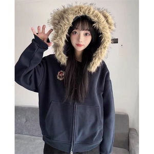 可爱小熊耳朵毛领开衫外套女秋冬新款设计感拉链外套 W88图片
