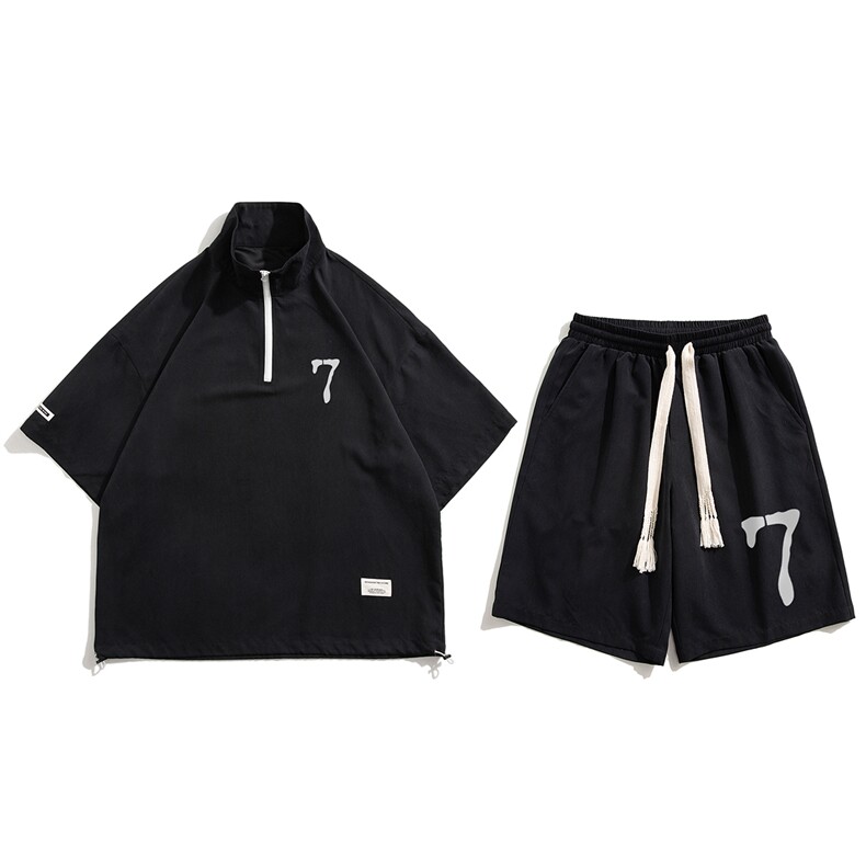 白底23新款夏季时尚百搭半拉链短袖潮流短裤套装TZ758P65控98，男装牛仔裤，电商A247-1