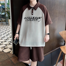 F346-P50夏季潮牌休闲运动两件套男设计感帅气撞色翻领短袖短裤，男装牛仔裤，星座512-6