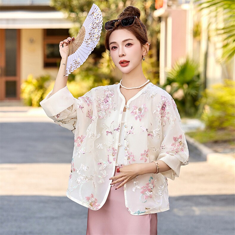 重工珠片钉珠刺绣薄款外套女2025夏季新款时尚宽松国风防晒衣开衫,女装短外套,韩宇舍