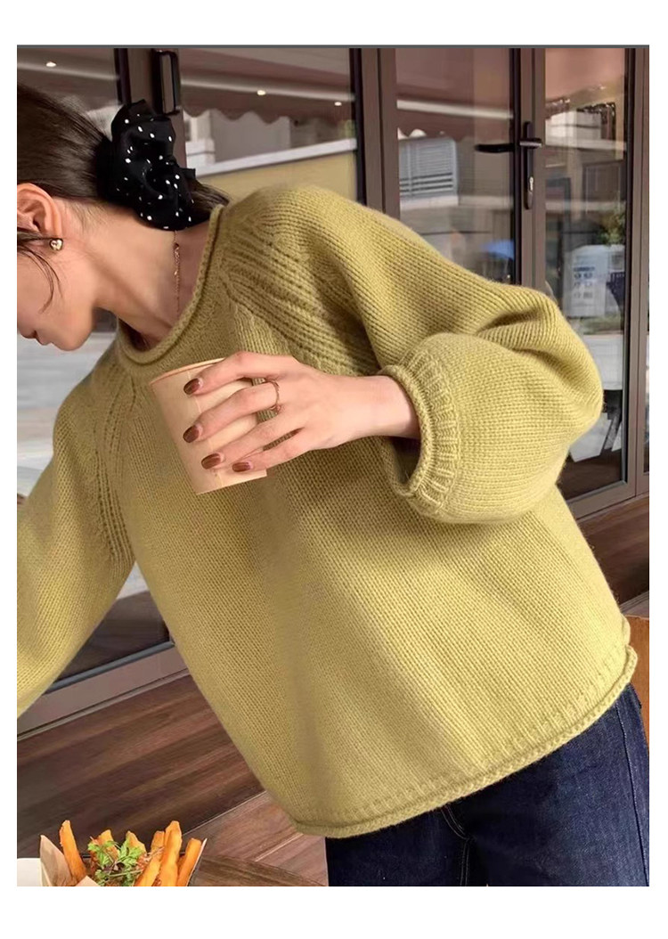 女撞色圆领宽松慵懒针织衫上衣厚毛衣女秋冬,针织衫/毛衣,春贝羊绒