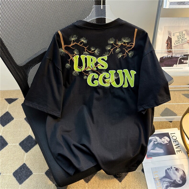 迎客松植绒刺绣t恤男款夏季美式高街潮牌短袖青少年痞帅纯棉半袖,男装T恤,星座1013