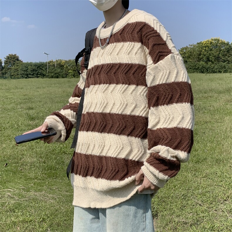 条纹圆领毛衣男春秋冬宽松oversize慵懒风高级感针织衫MY0643-P43,男装针织衫/毛衣,星座308B-1