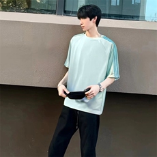 抖音得物品质二开240克宽松纯棉美式潮牌印花三条杠中性风短袖T恤，男装T恤，电商A486-1