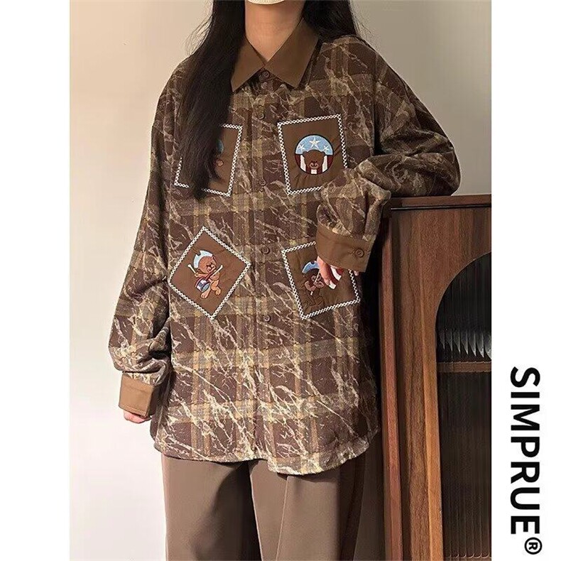 春秋美式复古格子小熊贴布绣长袖衬衫男女休闲宽松衬衣外套上衣潮,男装衬衫,星座506A