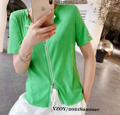 2021夏季新款拉链短袖T恤打底小衫,女装T恤,雅姿欧韵