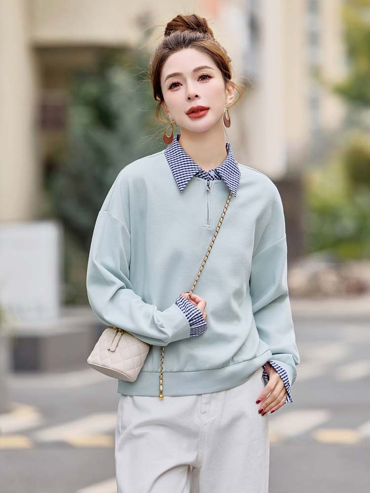 夏女装官网新款2026春季韩系假两件拼接格子翻领外套女式卫衣,针织衫/毛衣,微微衣阁