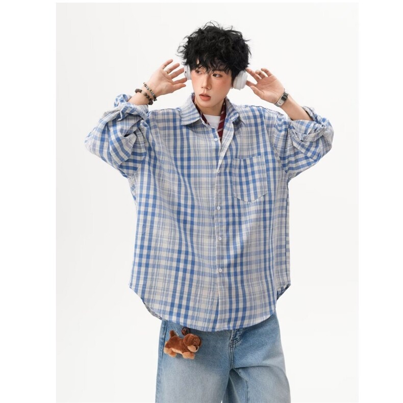 K411-P36美式复古潮牌慵懒春夏季休闲格子衬衣男款宽松情侣长袖,男装衬衫,电商B323A