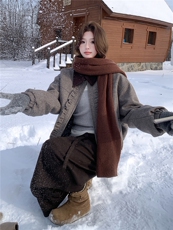 撞色翻领木耳边羊毛呢外套女冬季夹棉保暖呢子夹克女，女装棉衣/棉服，衣秀之家