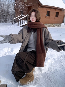 撞色翻领木耳边羊毛呢外套女冬季夹棉保暖呢子夹克女图片