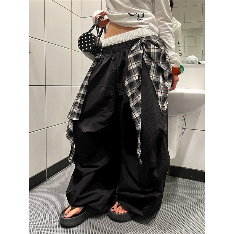 美式叠穿格子绑带伞兵休闲裤男女宽松百搭阔腿拖地裤WLB30777-P50,男装休闲裤,星座1008