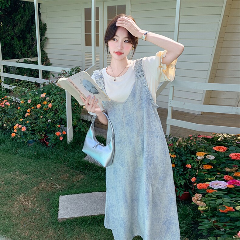 短袖夏季翻领中长裙宽松腰连衣裙法式宽松牛仔辣妈,女装套装/套裙,2C113