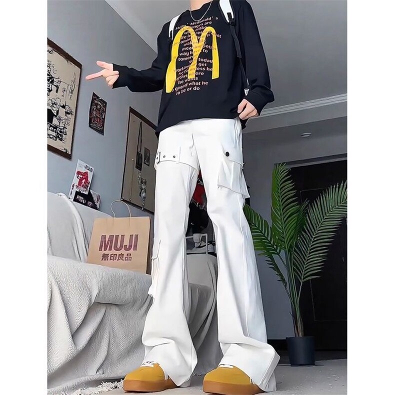 1506-1/K21251/P51白色绑带微喇工装牛仔裤男秋冬设计感美式痞帅,男装牛仔裤,星座1506-1
