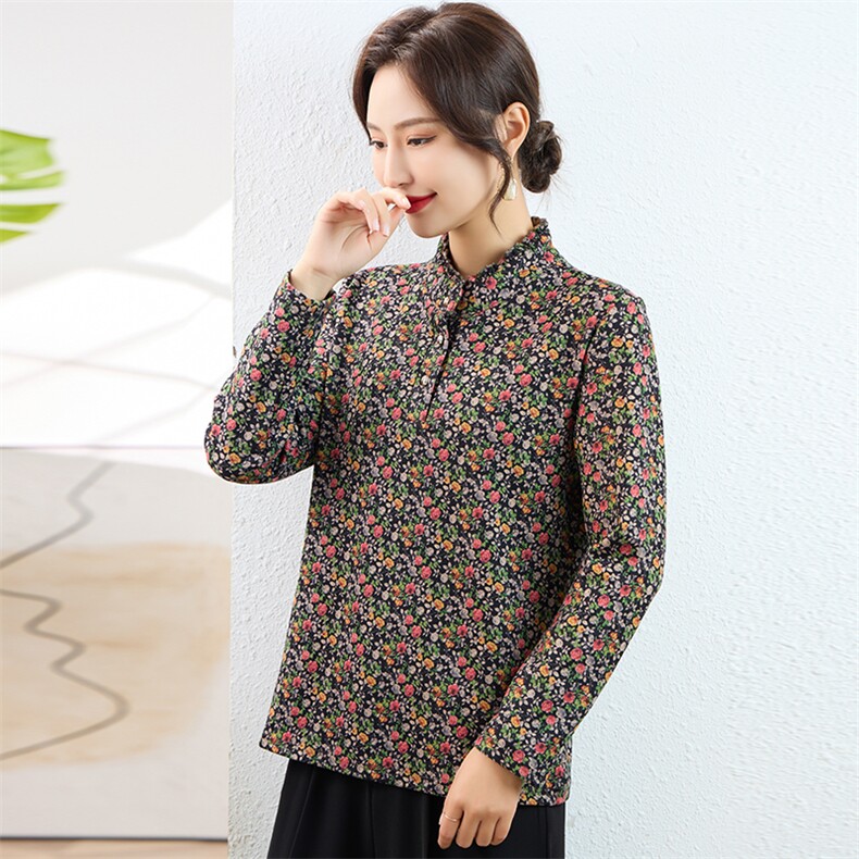 妈妈秋冬碎花打底衫女2024新款时尚洋气立领加绒加厚长袖t恤，女装大码女装，奕阳依阁