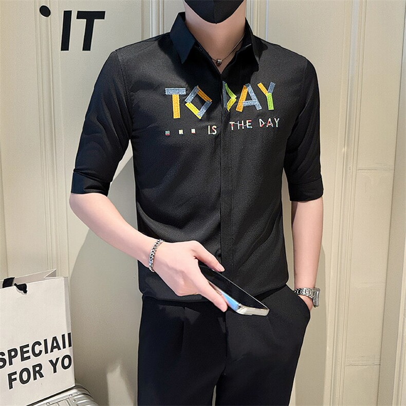 店主风社会小伙男绣花七分袖衬衫男士休闲衬衣301A-1/CS565/P55,男装衬衫,星座301A-1