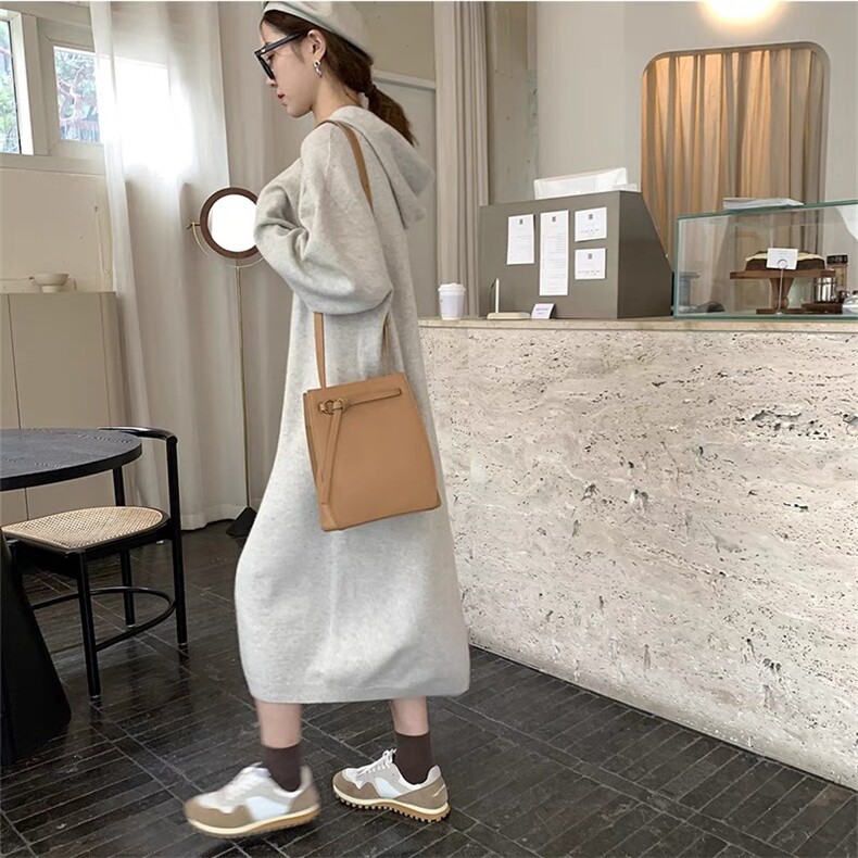 连帽毛衣女秋冬2024新款宽松慵懒风针织衫连衣裙,女装连衣裙,思途羊绒