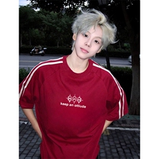 抖音得物高品质二开240克宽松纯棉美式潮牌三条杠织带短袖T恤，男装T恤，电商A486-1