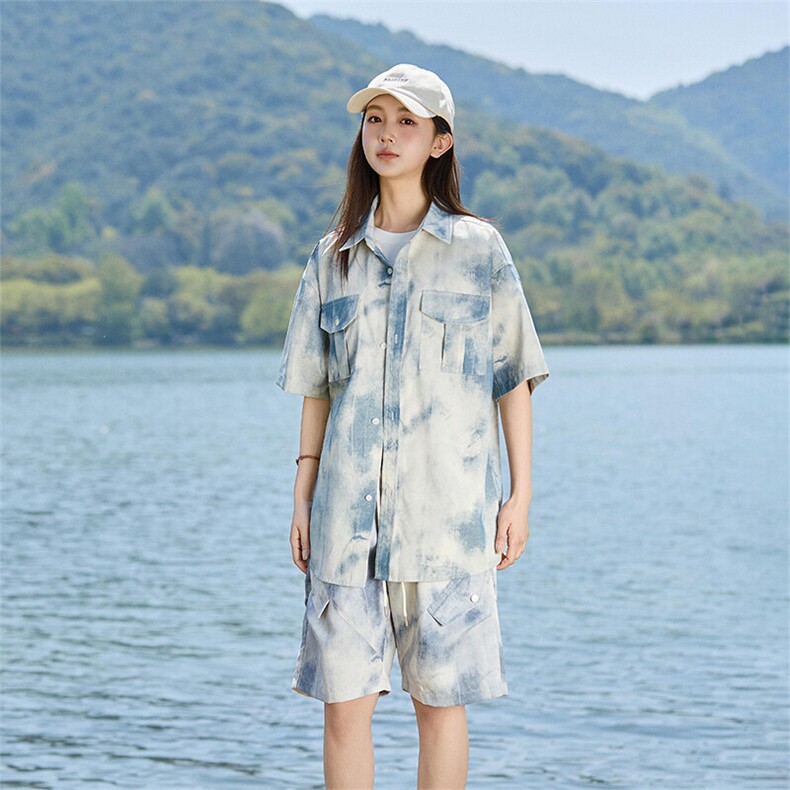 水墨画工装短袖衬衫短裤夏季宽松百搭两件套女A406TZ6619特P68,男装衬衫,星座309（原A406）