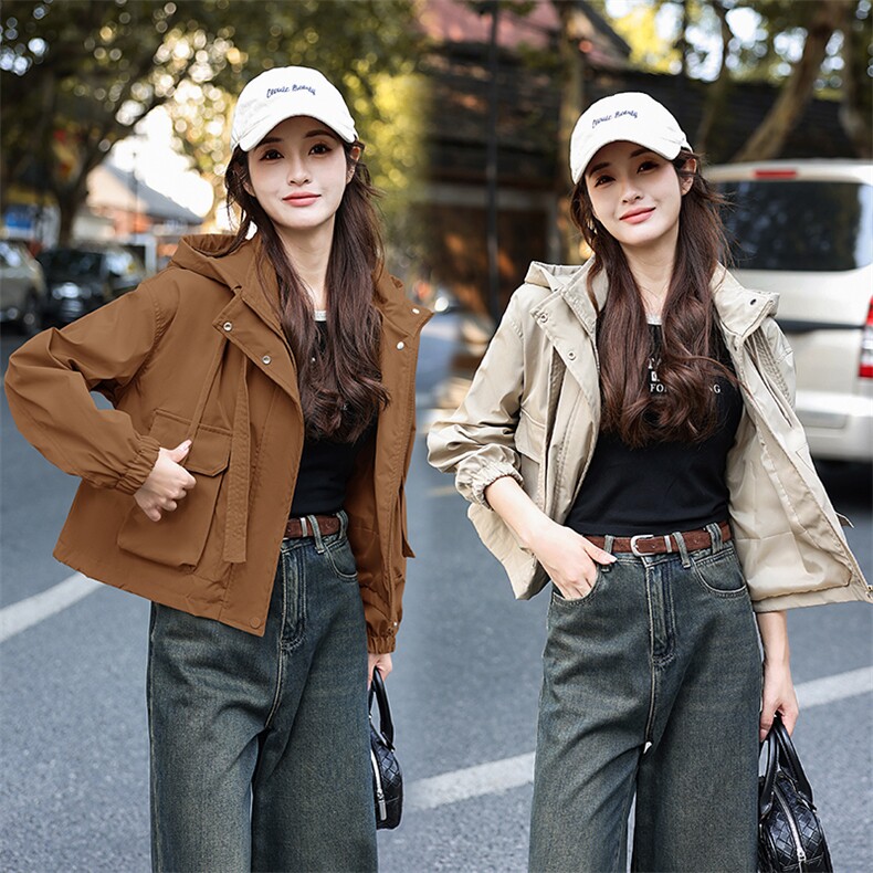 休闲连帽工装短外套女小个子2025年春季新款复古时尚减龄百搭外套,女装短外套,星宇服饰