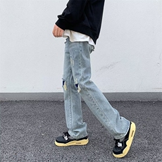 美式街头设计破洞补丁直筒修身水洗牛仔裤浅色乞丐休闲长裤潮牌男，男装牛仔裤，星座601-2