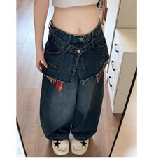 毛边拼接牛仔裤女设计感小众高级感2025新款高腰显瘦宽松阔腿裤潮，男装牛仔裤，星座506A