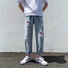 破洞牛仔裤男潮流日系复古韩版潮牌直筒宽松九分裤N0364-P35，男装牛仔裤，星座308B-2